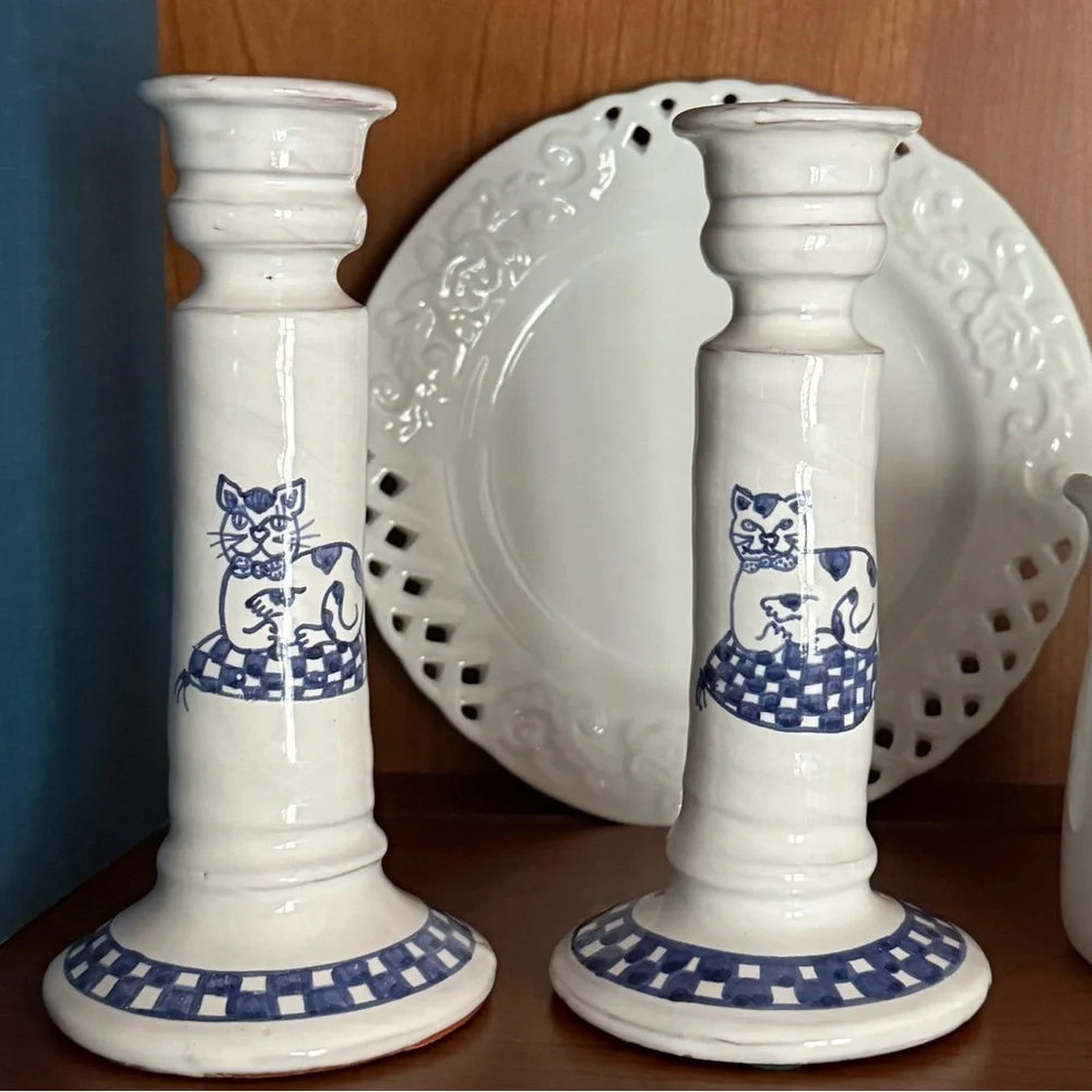 Vintage Blue & White Handpainted Pottery Candlesticks (Set of 2) Cat Checkers